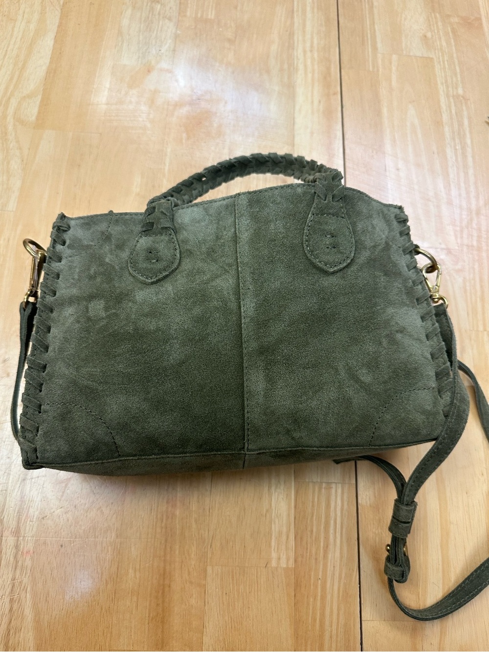 margot New York Cora Olive Green Suede Braided-Handle Shoulder Bag